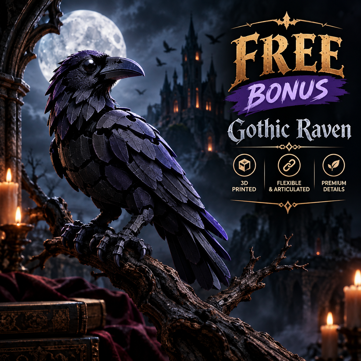 Gothic Raven on Branch premium STL showpiece model