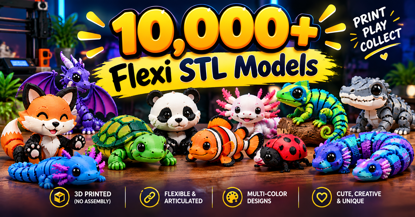 Complete library of 10,000+ Flexi Articulated Animal STL models displayed together